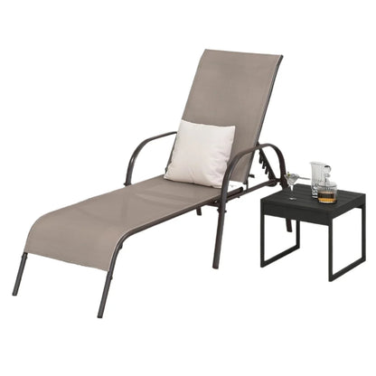 Sillón de patio con 5 respaldos ajustables y estructura de acero resistente, sillón para balcón o piscina, paquete de 2 tumbonas marrones para exteriores