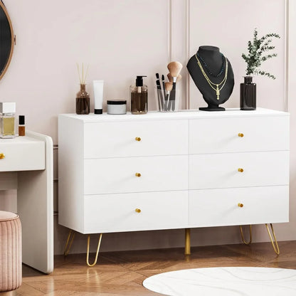 MAISONPEX Dresser for Bedroom with 6 Drawers and Metal Handle,Sturdy Frame Modern Bedroom Furniture, Chest of Drawers, White Dre