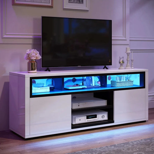 Meuble TV avec lumières d'ambiance LED Meuble TV moderne avec étagère ouverte Meuble de rangement pour téléviseurs 62 pouces Meubles Meubles TV blancs