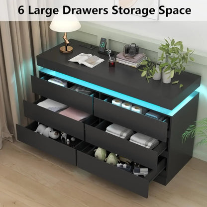 Dresser with Power Outlet, Chest of Drawers with LED Light, White Dresser Organizer with Open Storage Cubby, Modern Nightshatnd