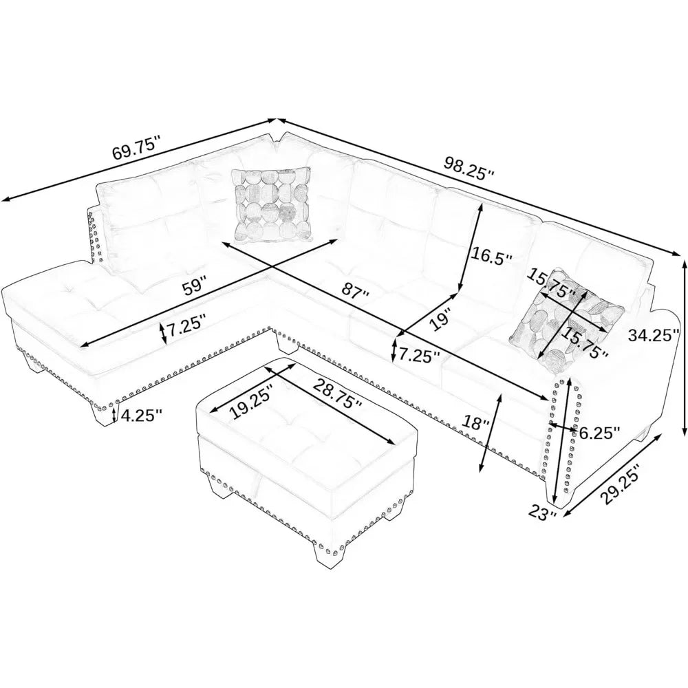 Canapé de salon, ensemble de canapé sectionnel en cuir PU en forme de L avec rangement, chaise longue, pouf, 2 porte-gobelets et 2 coussins décoratifs, noir