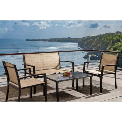 4 Pieces Outdoor Patio Furniture Conversation Glass Coffee Table Bistro Set with Loveseat Garden Yard Lawn and Balcony