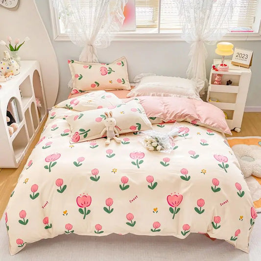 Ins Style Bedding Set Floral Hot Sale Single Full Queen Size Duvet Cover Kit No Filling Flat Sheet Pillowcases Cute Bed Linen