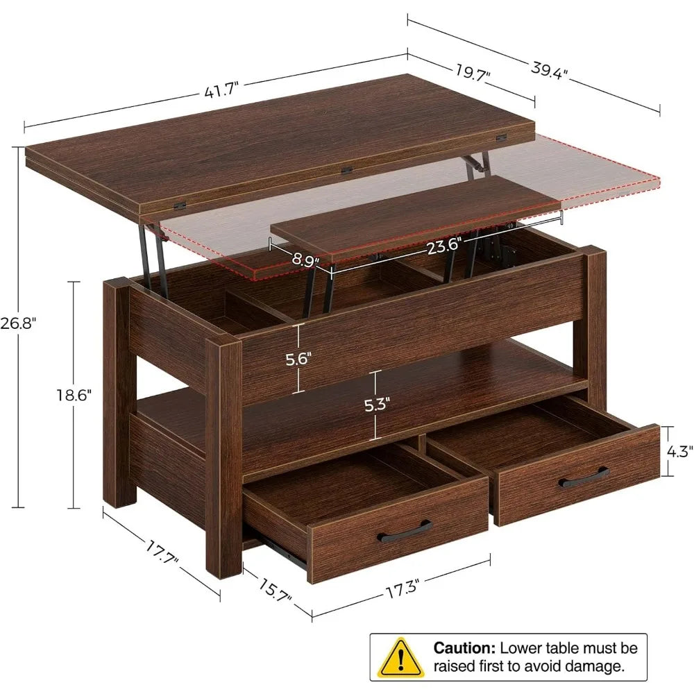 Table basse à plateau relevable, table basse convertible multifonction avec tiroirs et compartiment caché, table basse convertible