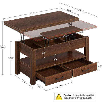 Table basse à plateau relevable, table basse convertible multifonction avec tiroirs et compartiment caché, table basse convertible