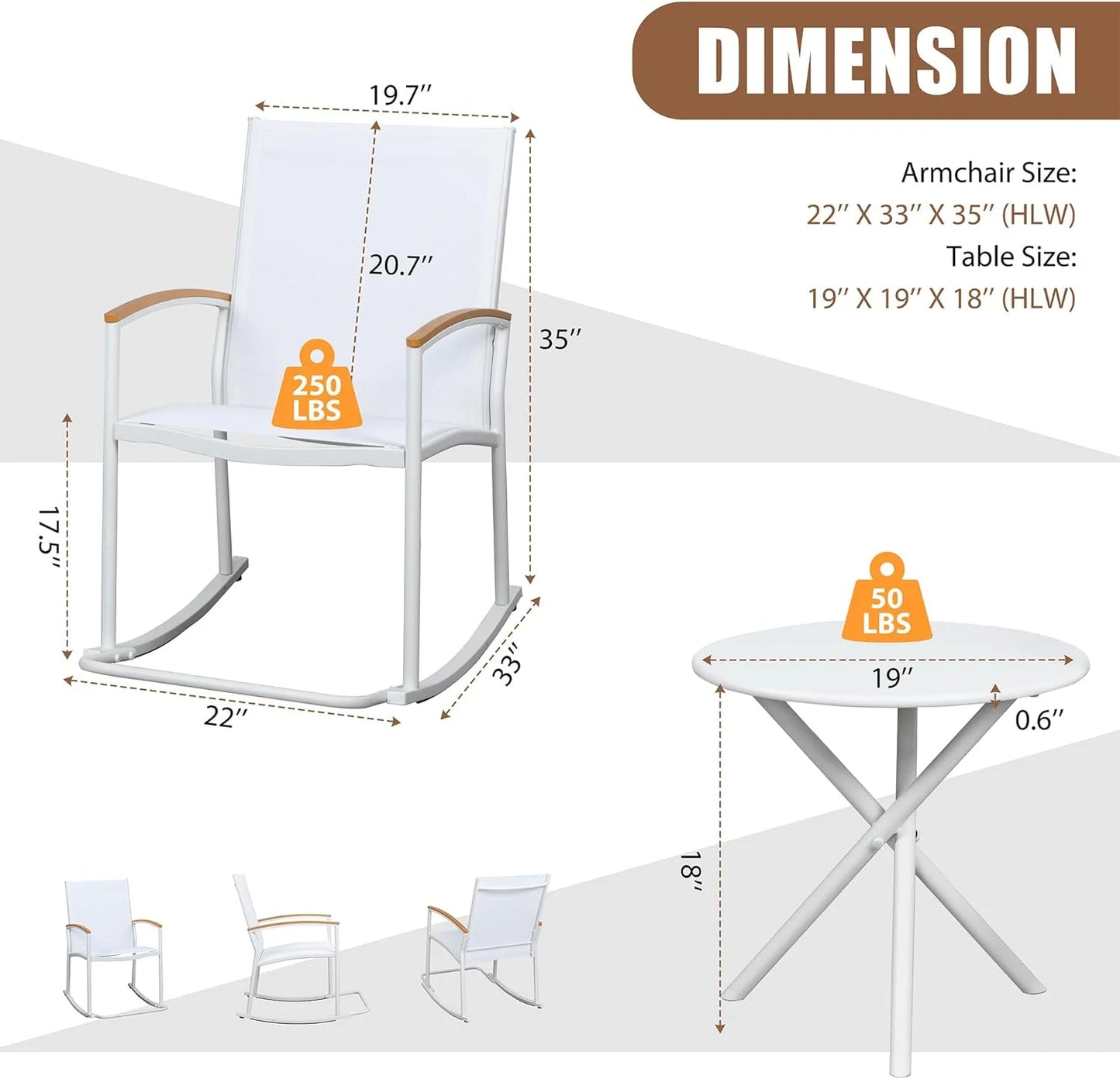 3 Piece Wicker Rocking Chair Outdoor Bistro Sets with Coffee Table and Cushions Metal Frame Patio Furniture（Khaki）