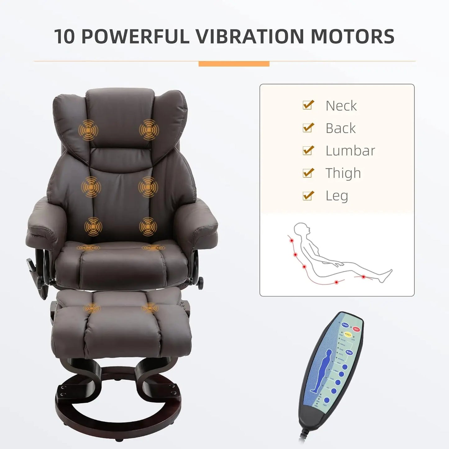 Fauteuil inclinable de massage avec repose-pieds ottoman, 10 points de vibration, fauteuil inclinable pivotant à 360°, chaise de salon en similicuir