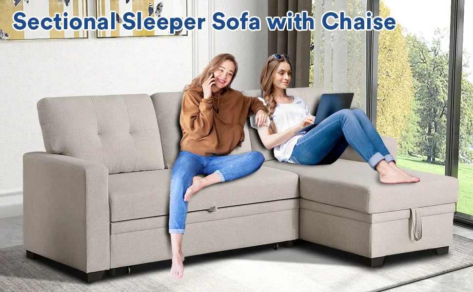 L Shaped Chaise Couch with Storage and Pull Out Bed Multifunctional Comfy Sectional Sleeper Sofa,Home Furniture