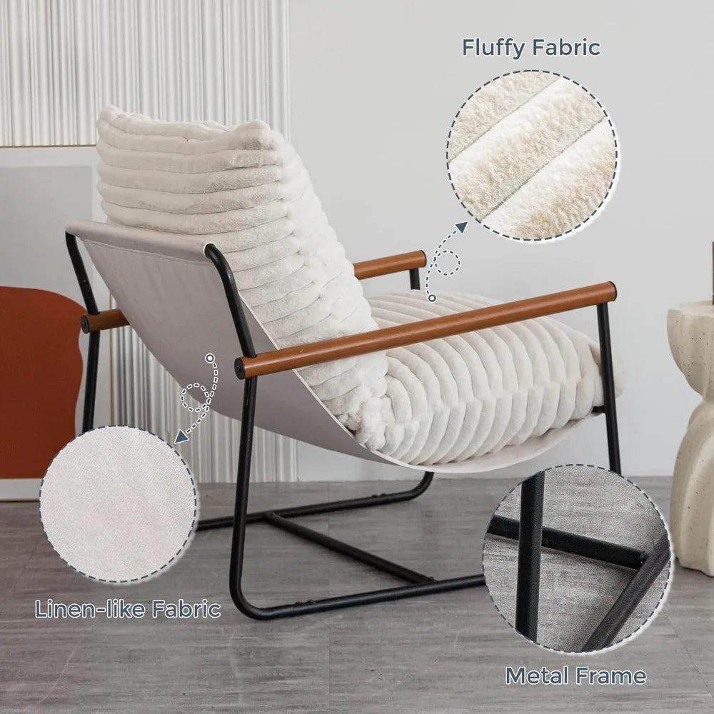 Sillón con brazos Sherpa para sala de estar, sillones con brazos modernos de mediados de siglo, sillón de lectura para dormitorio, brazos de madera y estructura de metal