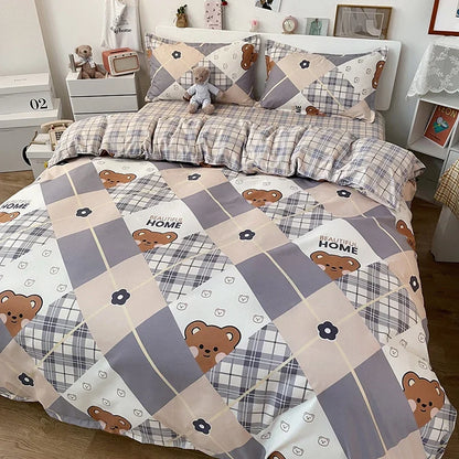 Kawaii Bear Printed Bed Set Floral Duvet Cover Pillowcase Bedding Set Comforter Bed Linen Sheet Quilt Cover Full Queen King Size