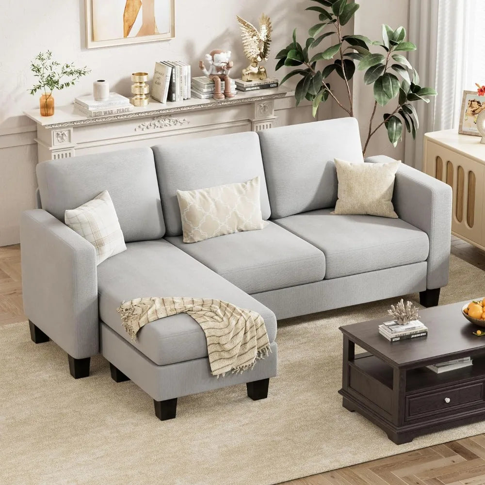 3 Seat L-Shaped Sofa With Linen Fabric Sectional Sofa Couch Movable Ottoman Small Couch for Small Apartments Living Room Home