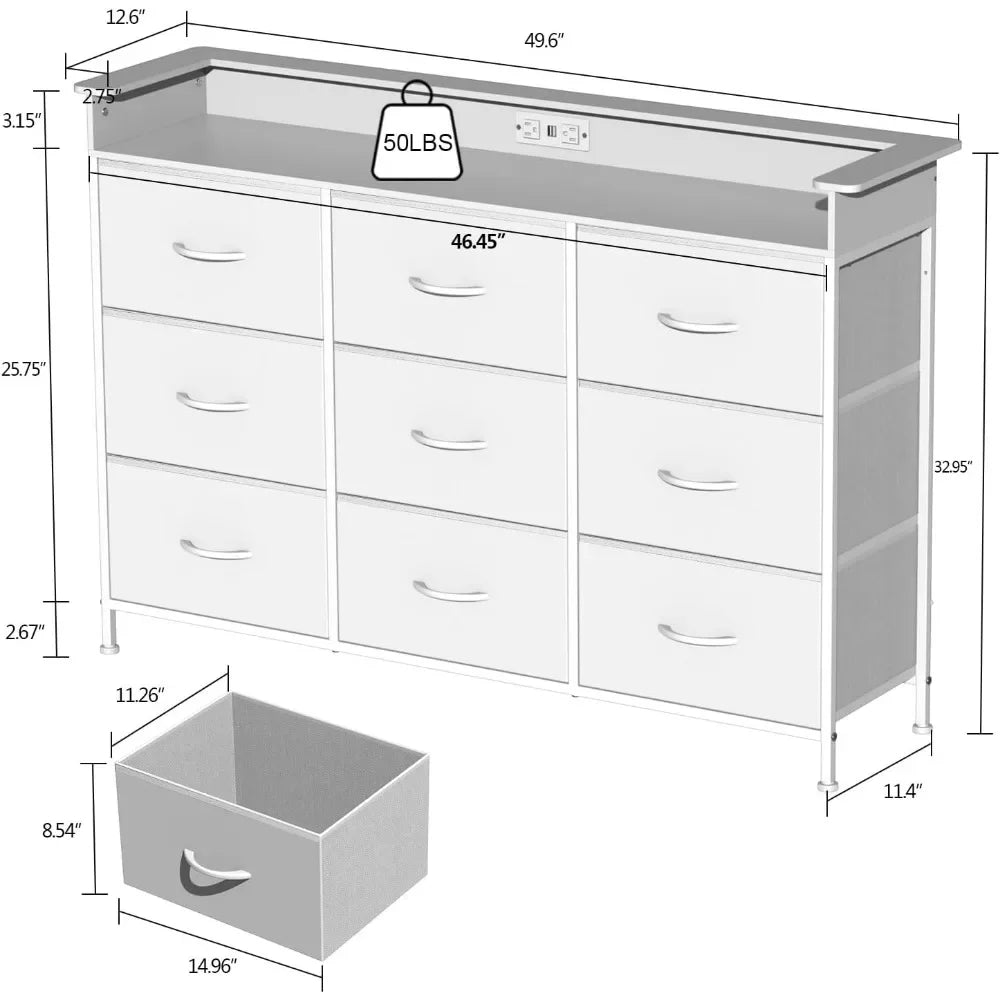 Commode blanche avec éclairage LED pour chambre à coucher Commode à 9 tiroirs avec station de charge Commode à tiroirs Cadre en acier Plateau en bois