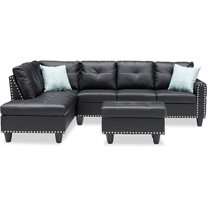 L-Shape 6 Seat Living Room Sofa, Faux Leather Upholstered, with Removable Ottoman, Black Sofa