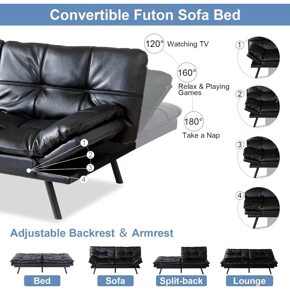 Sofá cama futón, sofá cama convertible de espuma viscoelástica, sofá cama de piel sintética para sala de estar, brazo y respaldo ajustables, sofá cama de 71"