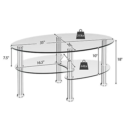 Table basse ovale en verre trempé Table à thé en acier à 3 niveaux Bureau en verre spacieux Étagère de rangement ouverte Table d'appoint moderne Décoration d'intérieur