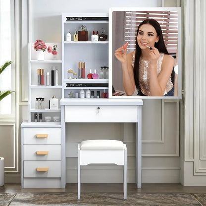 Coiffeuse, table de maquillage avec miroir, tabouret, unité de rangement à 4 tiroirs et 3 étagères, coiffeuse blanche pour meubles de chambre à coucher