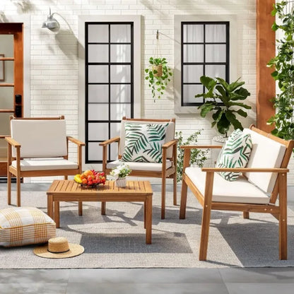 Flamaker Patio Furniture 4 Piece Outdoor Acacia Wood Patio Conversation Sofa Set with Table & Cushions Porch Furniture