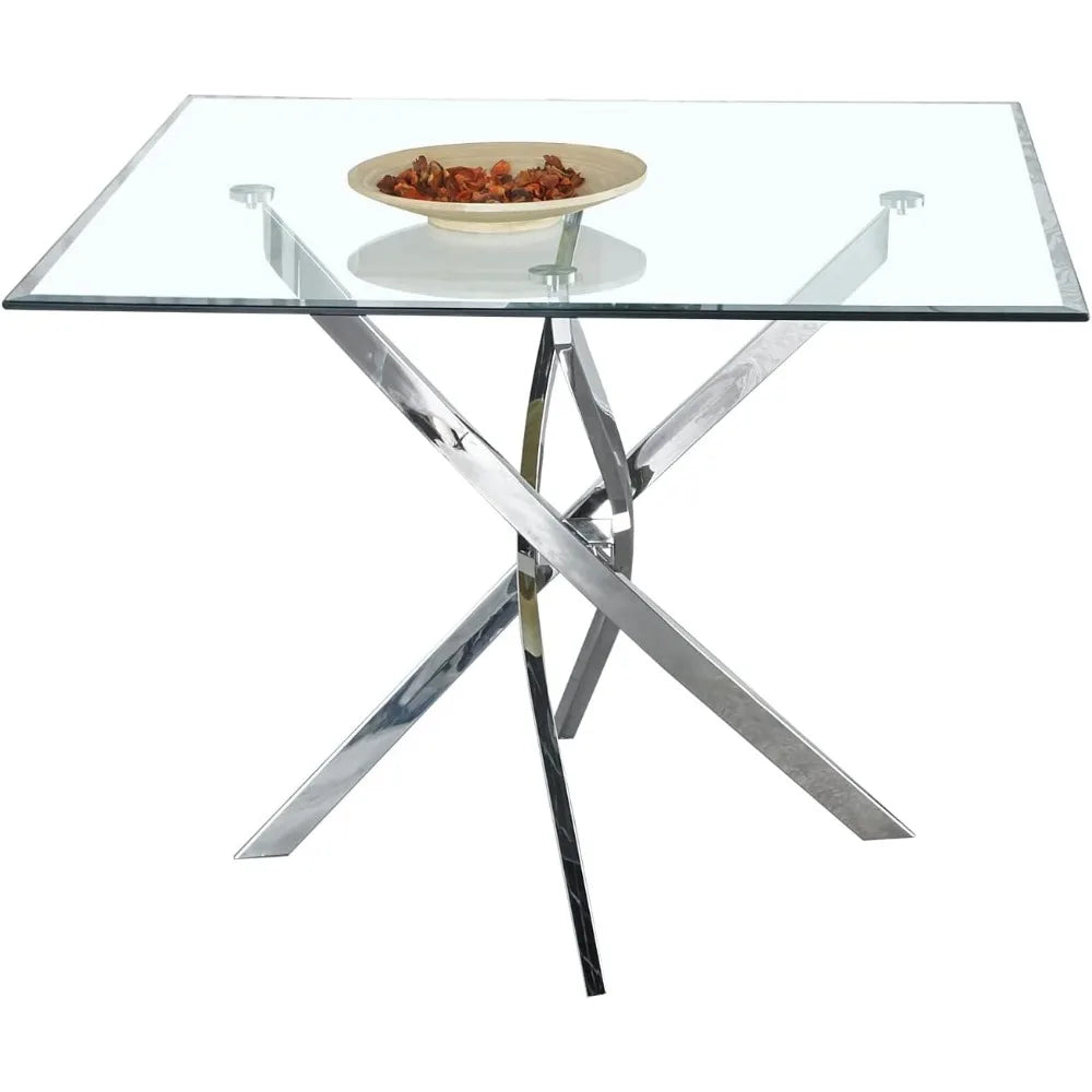 Mesa de comedor cuadrada de vidrio con tablero de vidrio templado y patas de acero inoxidable, mesa de cocina cuadrada de vidrio moderna de 36"