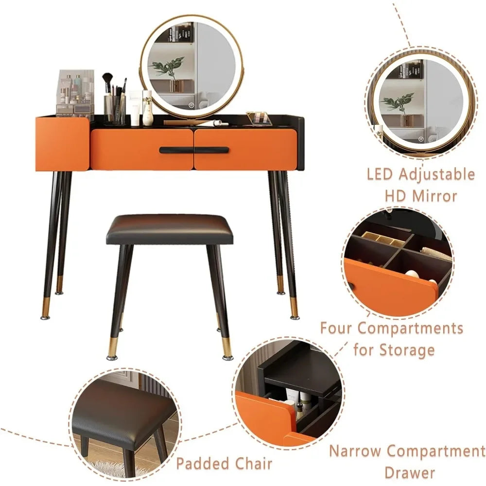 Coiffeuse avec miroir et lampe, 3 modes d'éclairage, ensemble de commode de chambre à coucher avec 3 tiroirs pour femmes / filles gris