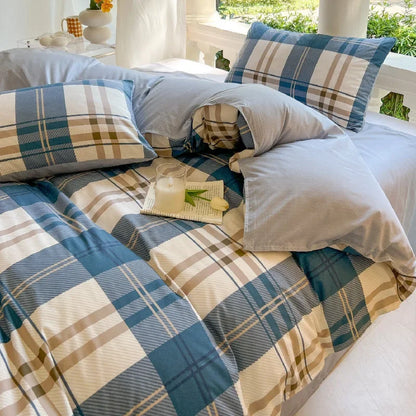 Check Pattern Gentleman Plaid Printed Bedding Set Floral Duvet Cover Pillowcase Set Bed Sheet Quilt Cover Single Queen King Size