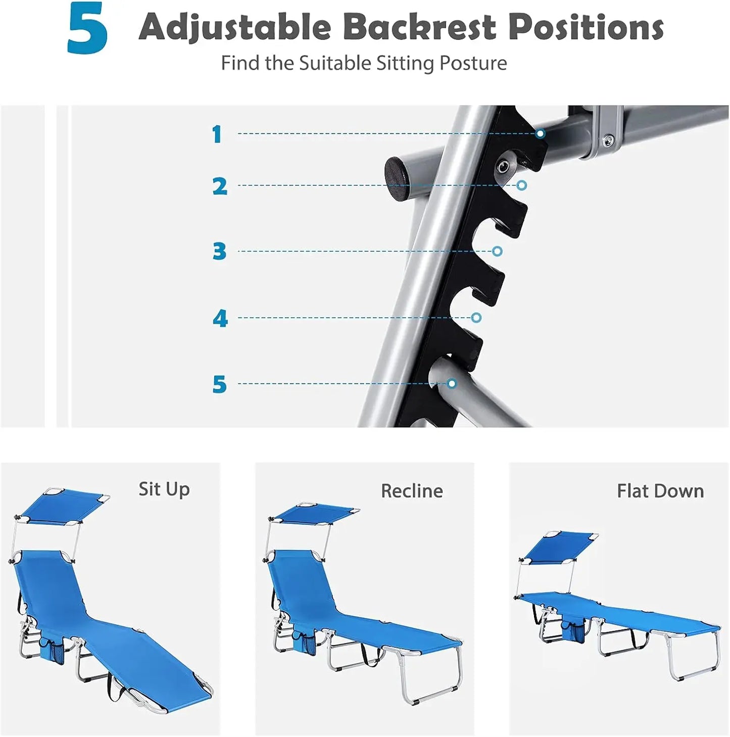 Tanning Chair, Foldable Beach Lounge Chair with 360°Canopy Sun Shade, Side Pocket, 5-Position Adjustable Chaise Lounge Chair