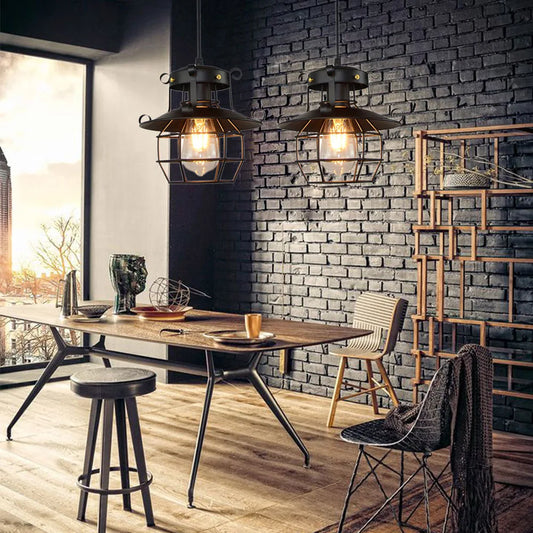 Bymaocar 110v Black Farmhouse Ceiling Light E27 Rustic Industrial Cage Hanging Pendant Lamp Adjustable Height Lighting Fixture