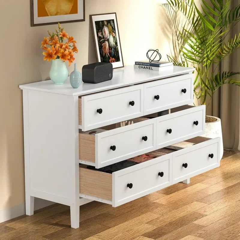 Commode blanche, commode moderne pour chambre à coucher, commode double à 6 tiroirs avec poignées en métal, commode