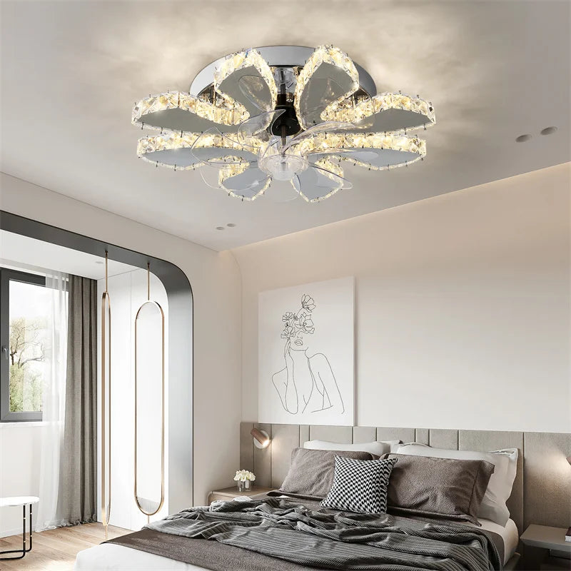 Ventilateur de plafond en cristal de luxe en acier inoxydable, lustre à LED, lampes de ventilateur de plafond chromées, luminaire de salle à manger