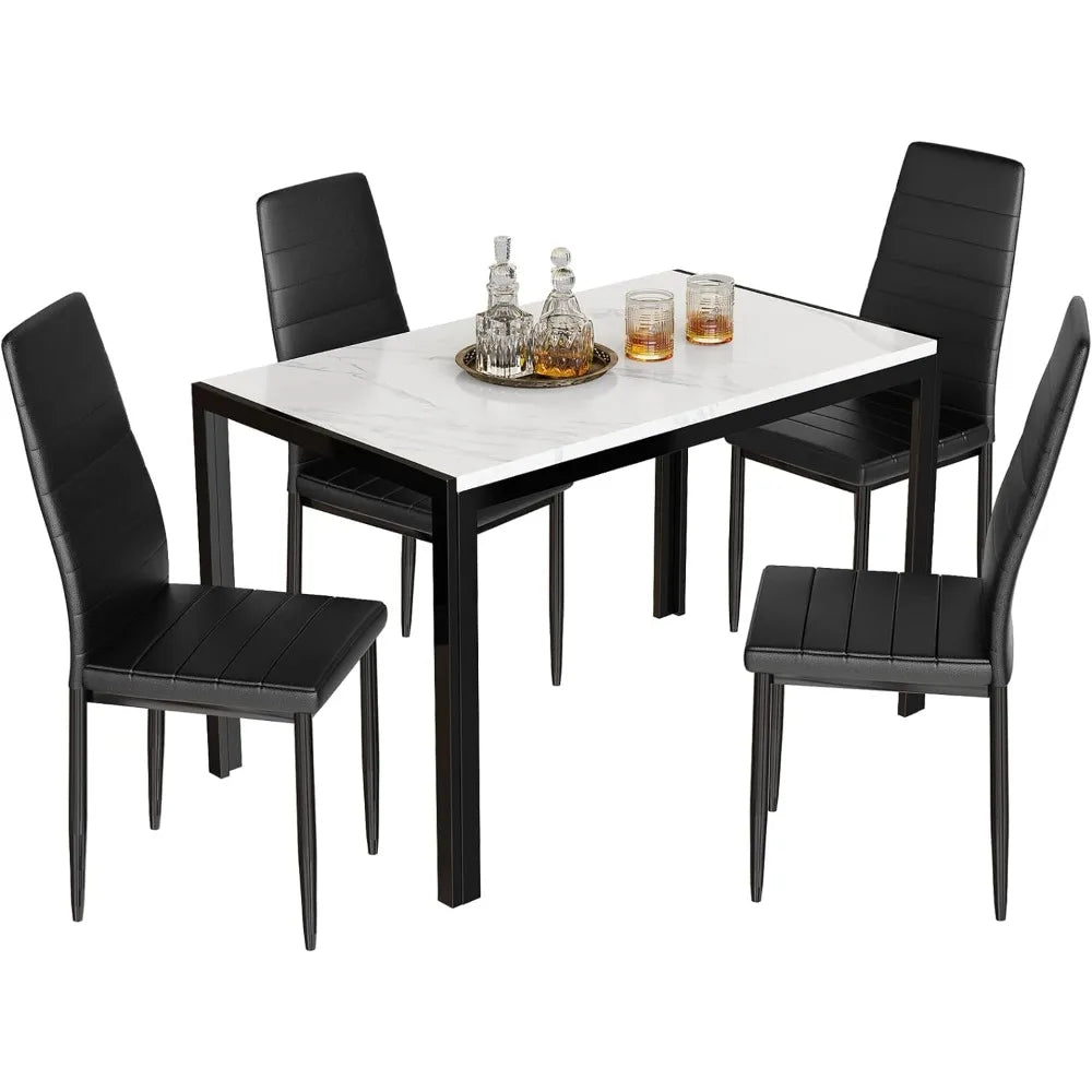 Dining Table Set for 4, Rectangular Faux Marble Tables and 4 PU Leather Chairs, 5 Pieces Kitchen Table Sets, Dining Room Set