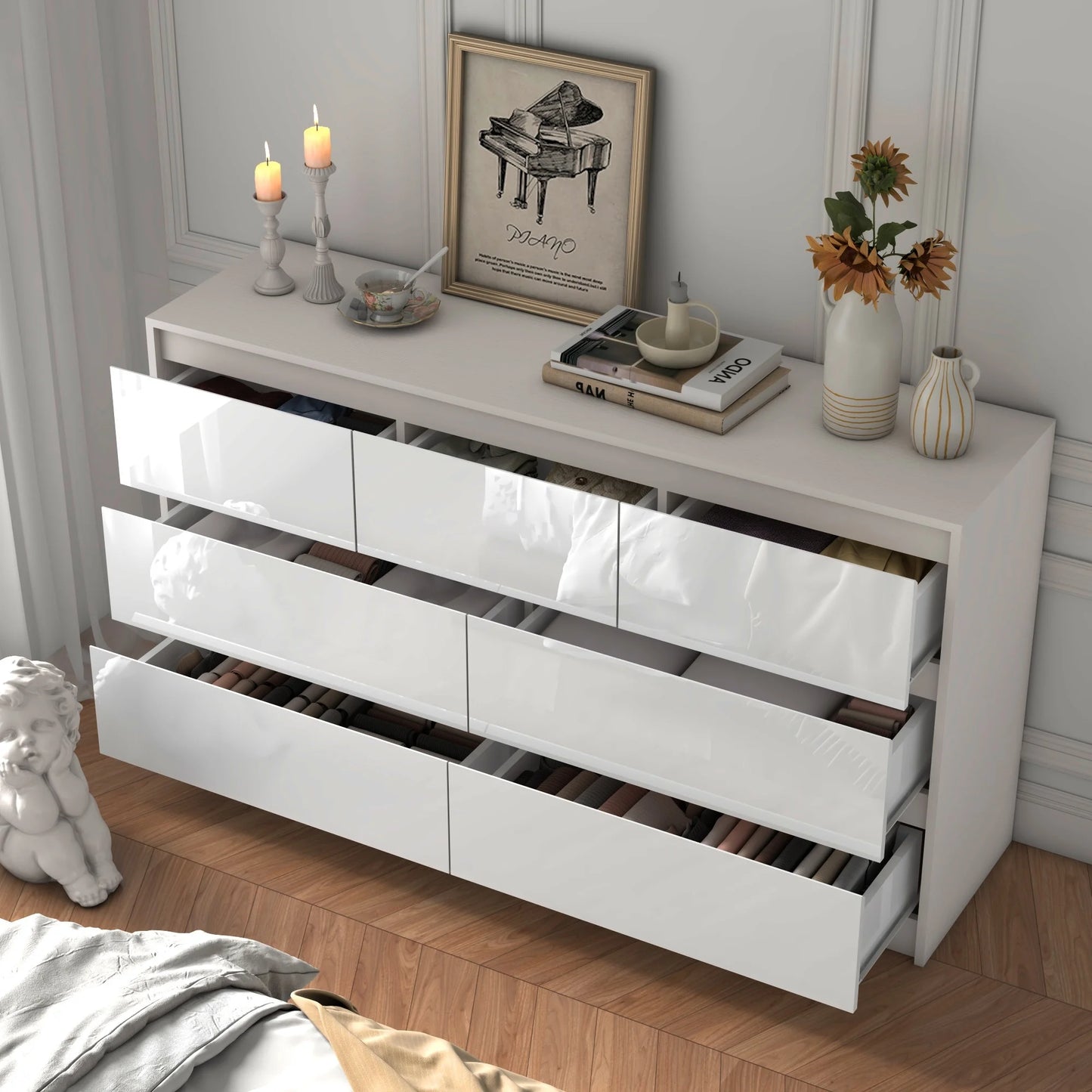 Commode à 7 tiroirs pour chambre à coucher, commode moderne de 55 pouces avec tiroirs brillants, grande commode en bois, blanc/noir