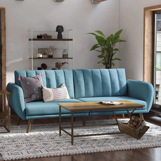 Living Room Sofas Brittany Sofa Futon - Premium Upholstery and Wooden Legs - Light Blue Sofa