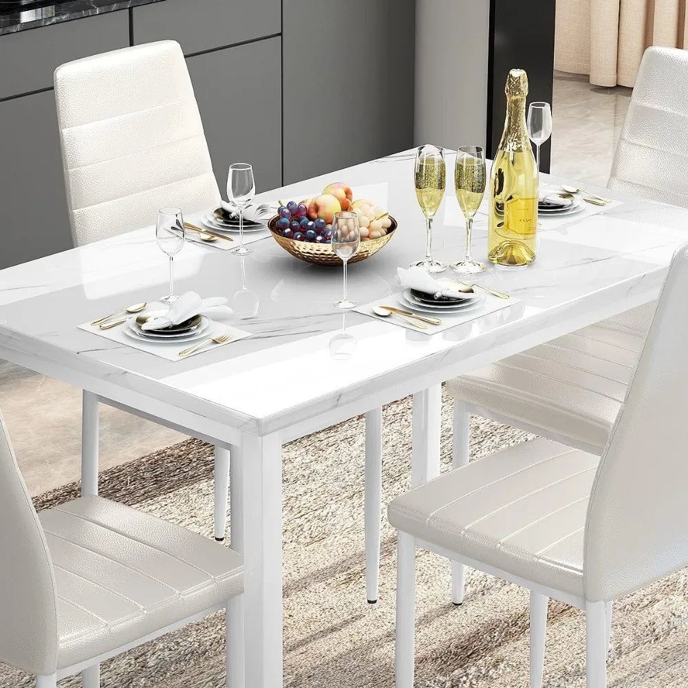 Ensemble de table à manger 5 pièces pour 4 personnes, ensemble de table et chaises de cuisine en faux marbre avec chaises en cuir rembourrées