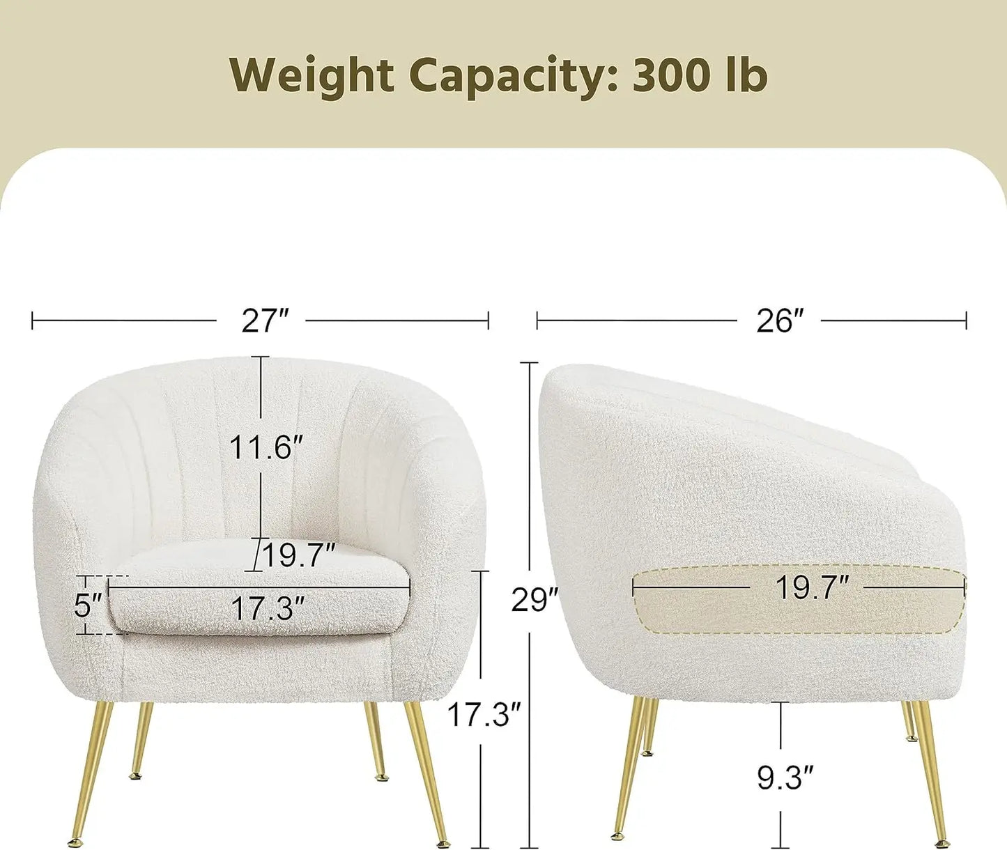 Fauteuil de coiffeuse moderne et confortable avec pieds en métal doré, fauteuil en tissu bouclé avec coussin de siège amovible pour salon chambre