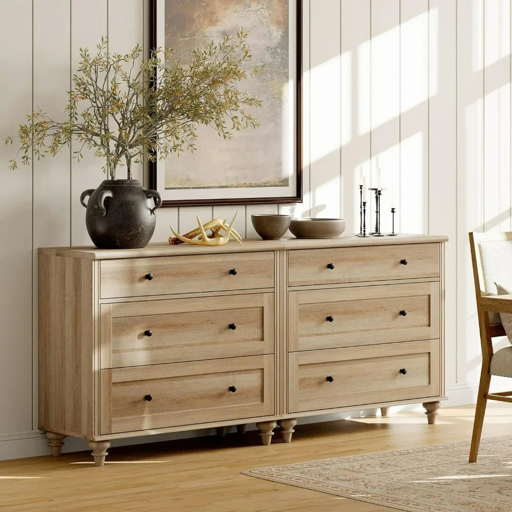 Dresser for Bedroom with 6 Drawers, Oak Kids Dressers with Wide Chest of Drawers, Modern Wooden Closet Storage Organizer