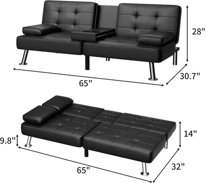 Futon Sofa Bed, Modern Faux Leather Convertible Folding Lounge Couch for Living Room with 2 Cup Holders Removable Soft Armrest a