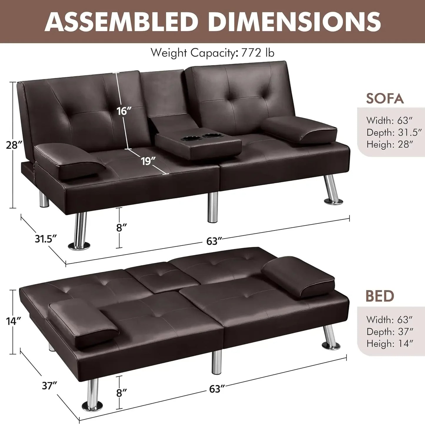 Sofa Bed Adjustmentsofa Double-sided Doublesofa Folding Sofa Bed Guestbed,cupholder,Bed Modern Artificial Leather Lounge Chair