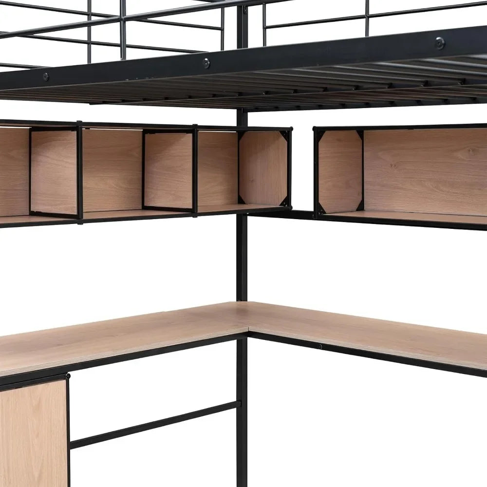 Full Loft Bed Frame Built-in Ladder for Small Room ,Open Cabinet and  Drawers,  Loft Bed with Storage Bookcase for Dormitory