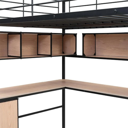 Full Loft Bed Frame Built-in Ladder for Small Room ,Open Cabinet and  Drawers,  Loft Bed with Storage Bookcase for Dormitory