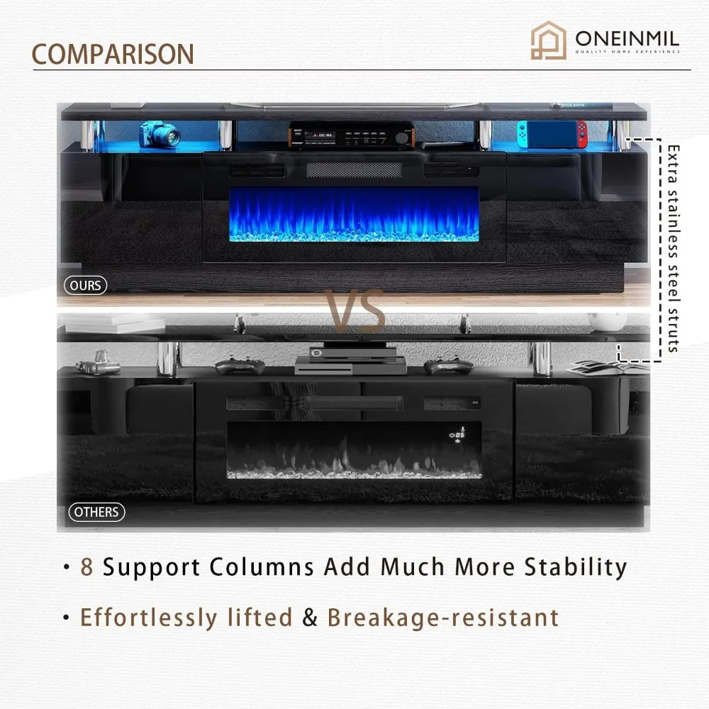 Soporte de TV con chimenea eléctrica de 36", centro de entretenimiento con luz LED, consola de TV de 2 niveles para televisores de hasta 80", chimenea