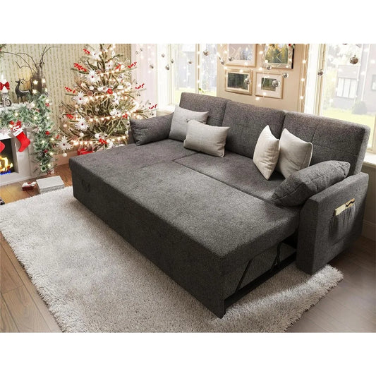 Sleeper Sofa Sofa Bed- 2 in 1 Pull Out Couch Bed with Storage Chaise for Living Room, Sofa Sleeper with Pull Out Bed, Grey Linen