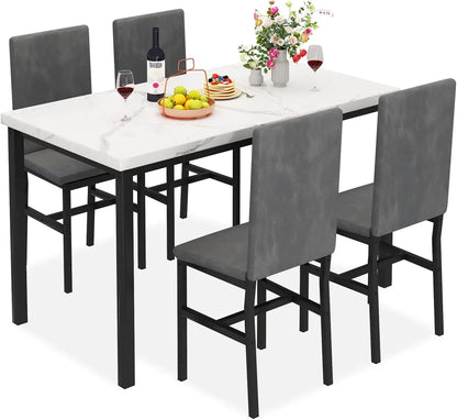 Dining Table Set for 4, 5-Piece Marble DiningTableSet with 4 Velvet Metal Frame Chairs for Kitchen, Bar, Living Room,Breakfast