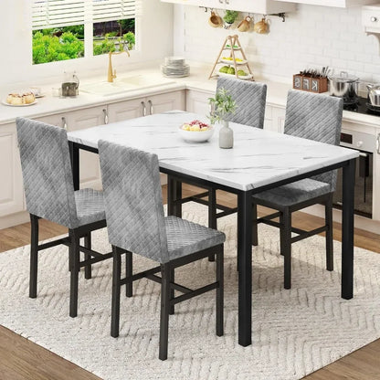 Juego de mesa de comedor para 4 personas, juegos de mesa y sillas de imitación de mármol, mesa de comedor con 4 sillas de comedor tapizadas en terciopelo