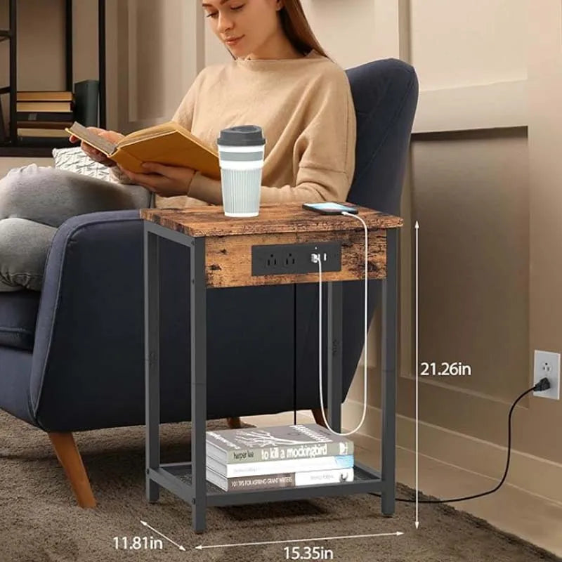 Table de chevet avec station de charge Table d'appoint de chambre à coucher avec ports USB Support de tourne-disque moderne Table de chevet à 2 niveaux