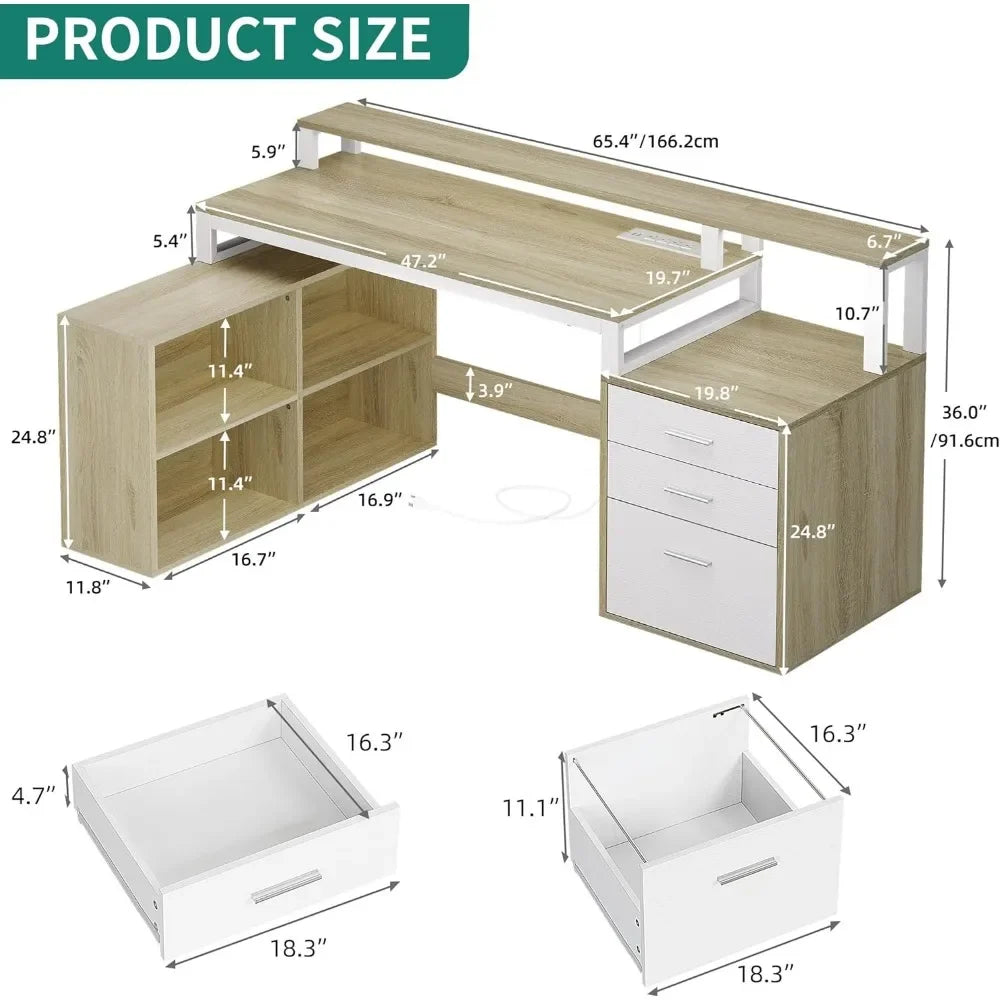 Bureau en L avec prises de courant, lumières LED et classeur, bureau d'angle pour ordinateur de 65 pouces, bureau à domicile avec support pour moniteur