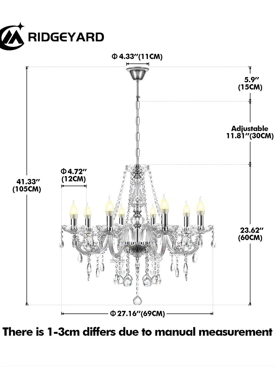 Ridgeyard 6-8 Arms Modern Crystal Glass Chandelier K9 Home Decor Luxury Pendant Candle Lamp For Dining Living Room Bedroom Light