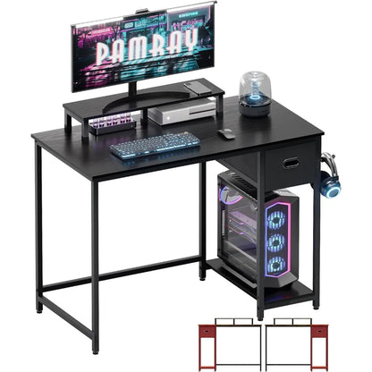 Escritorio de computadora de 39 pulgadas con soporte para monitor, escritorios pequeños para oficina en casa con cajón de almacenamiento no tejido para mesa de estudio de dormitorio