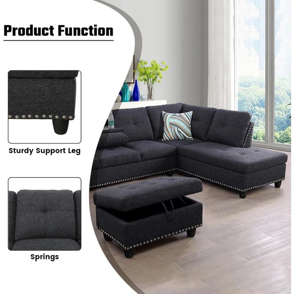 L Shaped Sofa Modern Sectional Couches for Living Room, Bedroom, Office, Dark Grey with Right Chaise