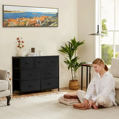 Commode à tiroirs avec bacs en tissu Table de maquillage Commode pour chambre à coucher Plateau en bois pour téléviseur jusqu'à 45 pouces Bureau de courtoisie Entrée Chambre d'enfant