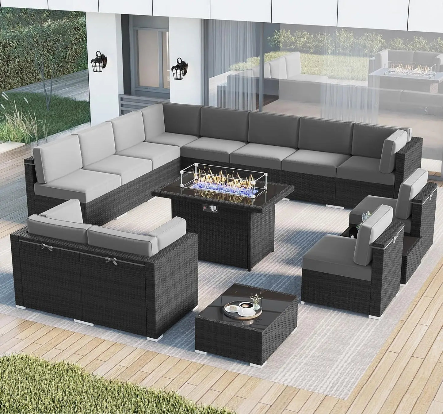 Juego de muebles de patio de 8 piezas con mesa para fogata a gas propano de 44", juego de sofá de mimbre y ratán y mesa de centro Rattan Möbel