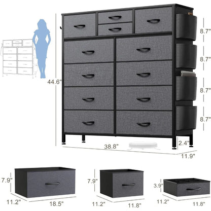 Dresser for Bedroom with 12 Drawers Chest of Drawers with Side Pockets and Hooks PU Fabric Dresser Drawers for Hallway, Entryway